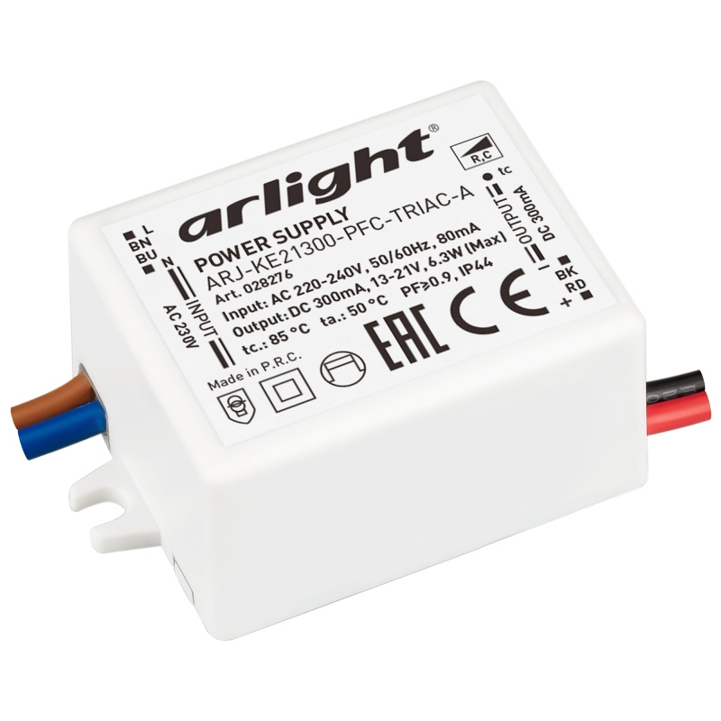 Блок питания Arlight ARJ-KE21300-PFC-TRIAC-A 6.3W 300mA IP44 Пластик 60 месяцев 028276