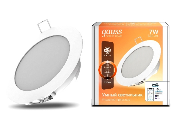 Светильник круглый LED диммируемый GAUSS потолочный встраиваемый Gauss Smart Home 7W 600lm 2700К 220-240V IP20 105*35мм